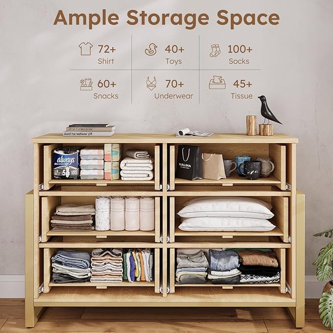 LGHM Fluted Dresser for Bedroom with 6 Drawers, 6 Drawer Dresser, 50" W Chest of Drawers Closet Organizers & Storage Clothes -Solid Semicylinder Fluted Drawers, Bold Reinforcement Metal Frame, Oak