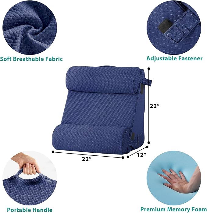 Bedluxe Adjustable 4pcs Bed Wedge Pillow Set, Memory Foam Wedges Pillow Post Surgery for Back, Neck, Leg Pain Relief, Pillows Wedge for Sleeping, Sitting up in Bed, Acid Reflux and GERD, Navy Blue