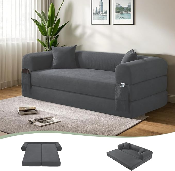 80” Convertible Sofa Bed, Cloud Boneless Couch Floor Sleeper Bed with Pillows, Corduroy Compression Sofa in Box, No Assembly Modular Lounge Couch for Living Room, Smog Gray