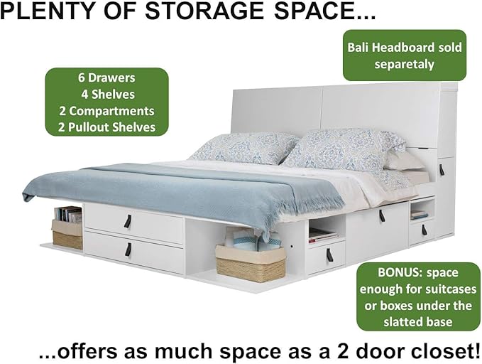 memomad Bali Storage Platform Bed with Drawers (Queen Size, Off White)