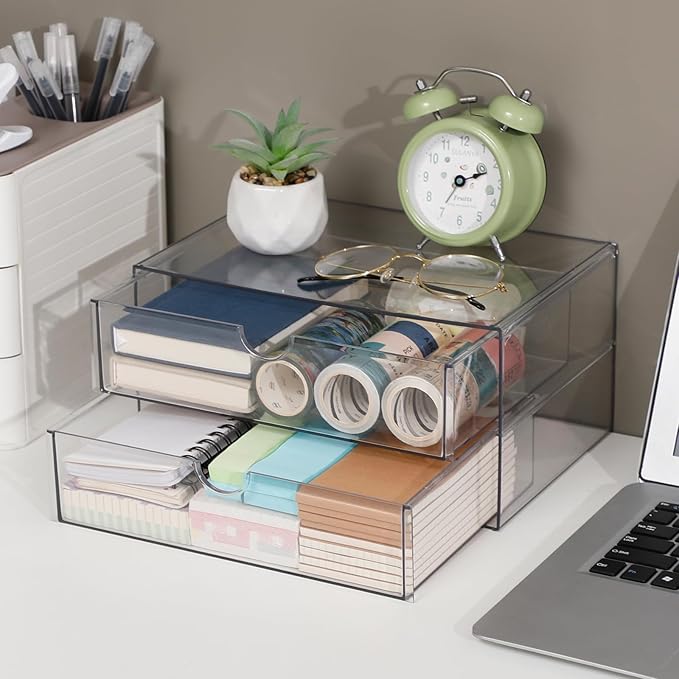 Stackable Storage Drawers, Plastic Storage Bins for Home Office, Bathroom, Kitchen, Pantry, Clear Desk Organizer for Accessories, Marker, Pencils, Books, Art Crafts, Makeup (6 Drawers)