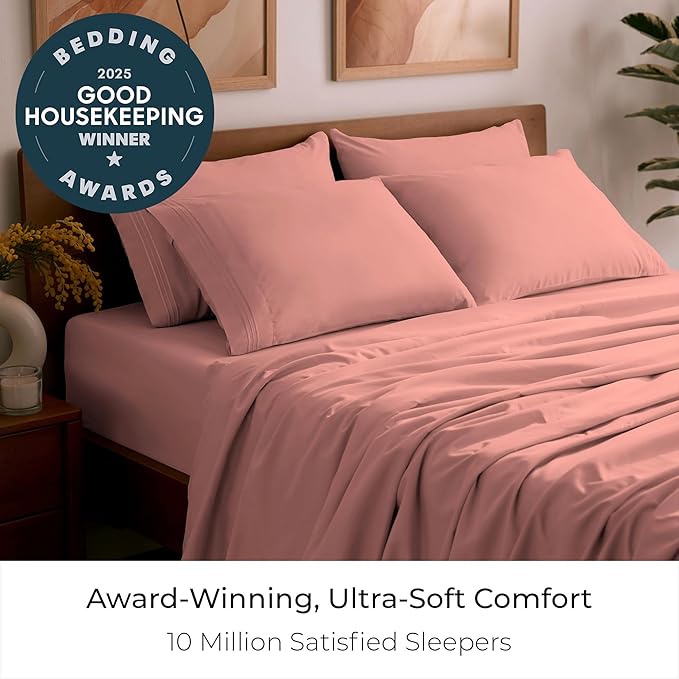 Mellanni Split King Sheet Set - 7-Piece Iconic Collection Bedding, (Including 4 Pillowcases), 16-Inch Deep Pocket, Easy Care, Extra Soft, Cooling Sheets, Brushed Microfiber - Coral