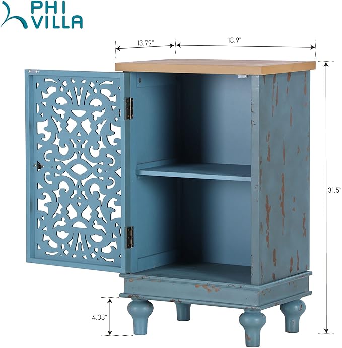 PHI VILLA Small Accent Storage Cabinet with Single Door - Decorative Nightstand for Living Room Bedroom, End Side Table Cabinet Blue