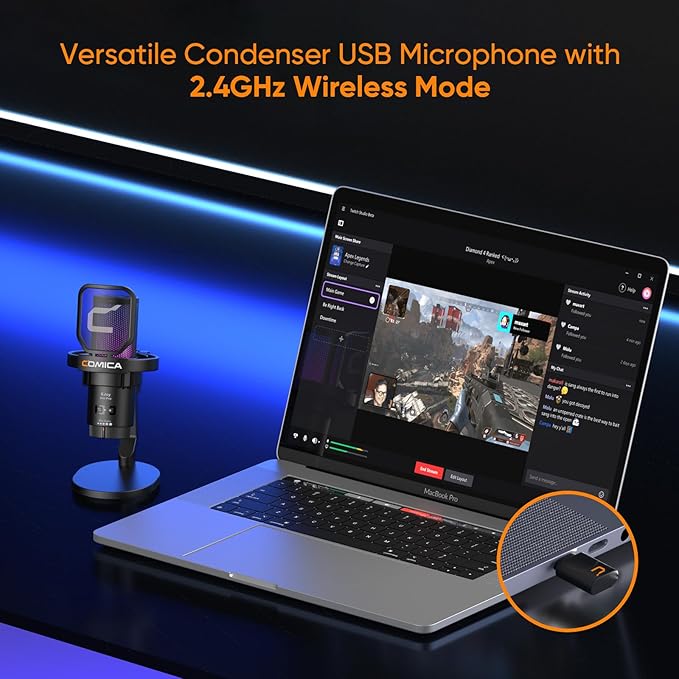 COMICA EJoy Uni Pro Wireless Gaming USB Microphone, Noise Cancellation RGB Condenser Mic with Mute, Gain, Monitoring, Pop Filter&Shock Mount for Recording, Streaming, Podcast, PS5, PS4, PC, YouTube