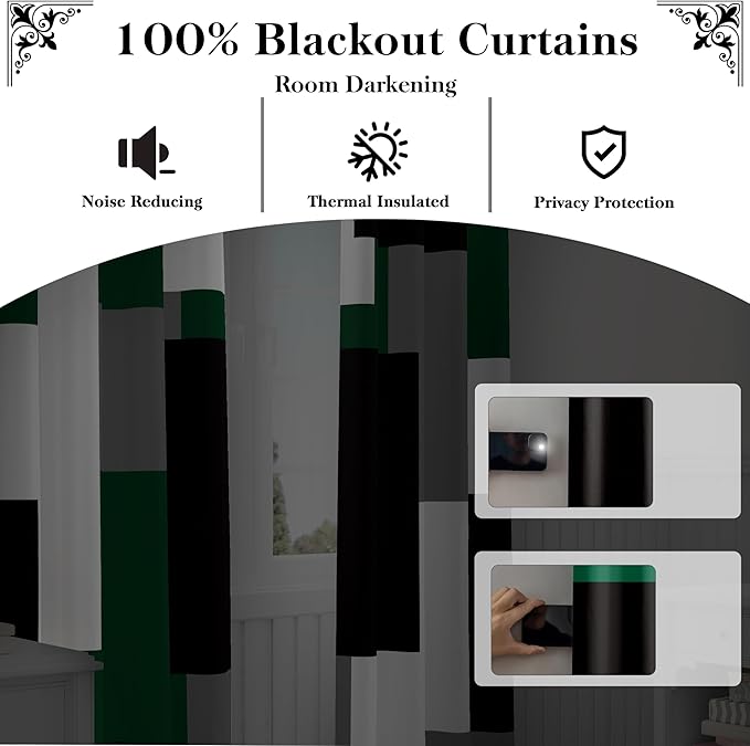 Green Blackout Curtains for Bedroom 96 inch Long 2 Panels Set Black Grey White Modern Abstract Geometric Black Out Curtains Insulated Room Darkening Window Drapes for Living Room, 52Wx96L
