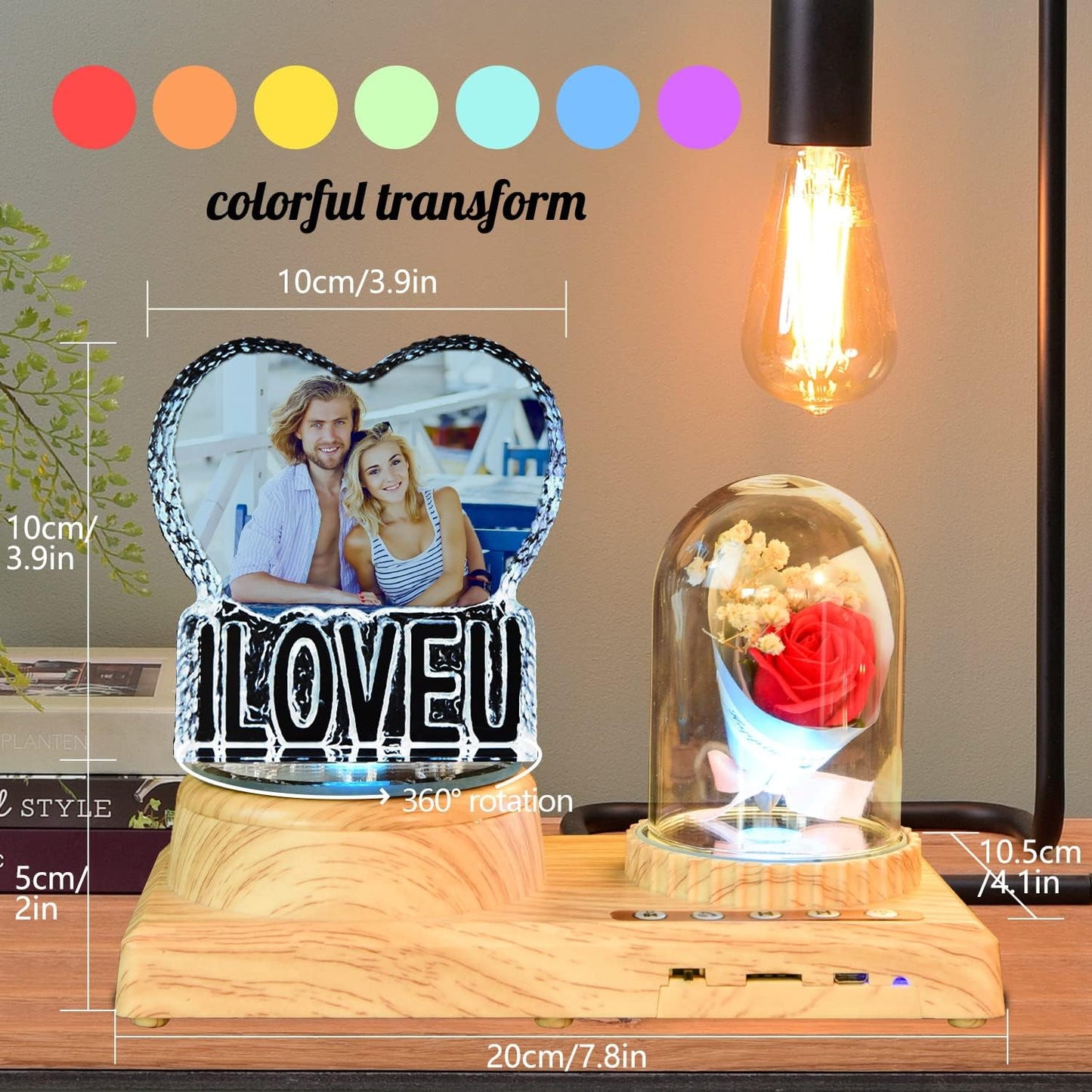 Personalized Heart Night Light 3D Crystal Lamp Custom Photo Picture Engraved, 3D Crystal Photo with Music Bluetooth Rotating Crystal Photo Frame Ornament, ILOVEU Couple Wedding Valentine's Day Gift