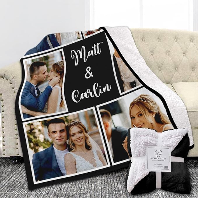 Custom Sherpa Fleece Blanket with Photos and Text - Soft Warm Fuzzy Personalized Couples Gift for Boyfriend Girlfriend - Customized Picture Blanket for Birthday Anniversary Christmas
