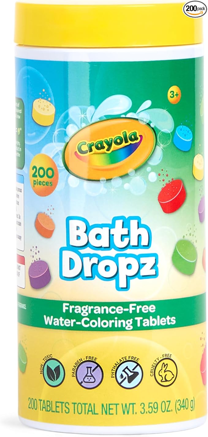 Crayola Bath Dropz Color Changing Tablets, 200 Piece Fizzies Bath Bombs in Assorted Colors, Fragrance Free, Water-Coloring Tablets