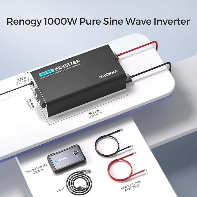 Renogy Inverter PUH 1000 watt Pure Sine Wave Inverter, Built-in Transfer Switch and Bluetooth, Car Power Inverter 12V to 120V AC Converter for RV, Truck, Camping, Home, Emergency, Off-Grid Living