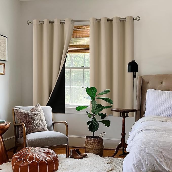 BGment Short 100% Blackout Curtains for Bedroom, Thermal Insulated Energy Efficiency Noise Reducing Grommet Curtains 54 Inch Length with Liner for Small Window 2 Panels Each 52 Inch Wide, Sand