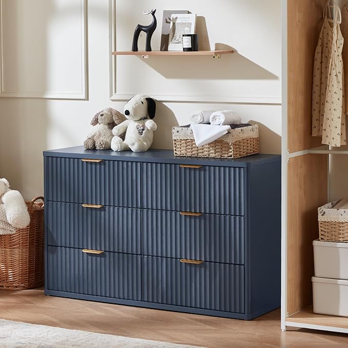 LEYAOYAO Fluted 6 Drawers Dresser for Bedroom, 48" Wide Modern Chest of Drawers with Metal Handle, Navy Blue Curved Profile Farmhouse Closet Organizer Wood Dressers TV Stand for Living Room, Hallway