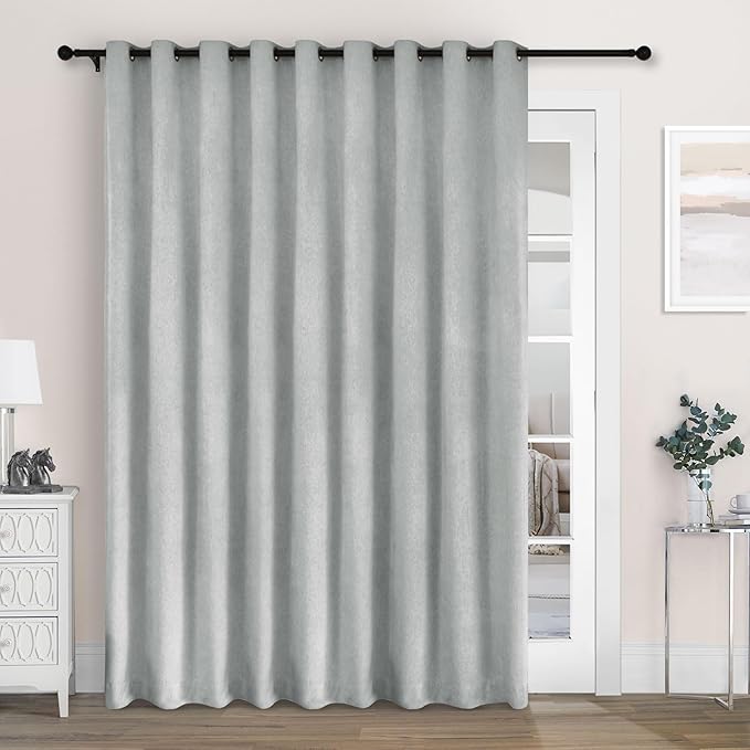 Macochico 100" Wx84 L Medium Gray Full Blackout Curtains for Sliding Door, Thermal Insulated Drapery for Living Room Bedroom Windows Patio Door, Modern Chenille Grommet Curtains with Tieback 1 Panel