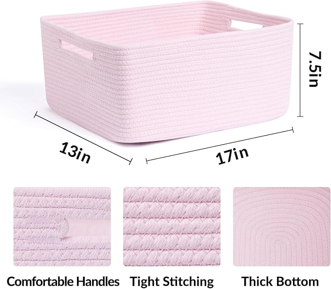 Large Storage Baskets for Shelves, Closet Organizers Bins for Clothes Blanket Towels, Baby Nursery, Toy Baskets Box, Woven Rope Baskets, 17 x 13 x 7.5”, 3 Packs Light Pink