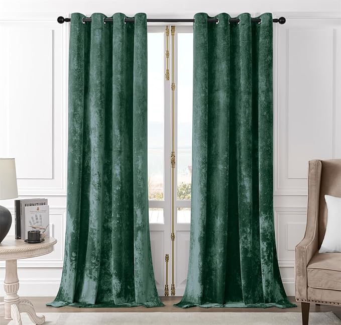 SMILETIME Forest Green Crushed Velvet Curtains 52x108 inch Luxurious Thermal Insulated Soundproof Drapes for Living Room Bedroom Office Soft and Durable Light-Filtering Window Treatments, 2 Panels