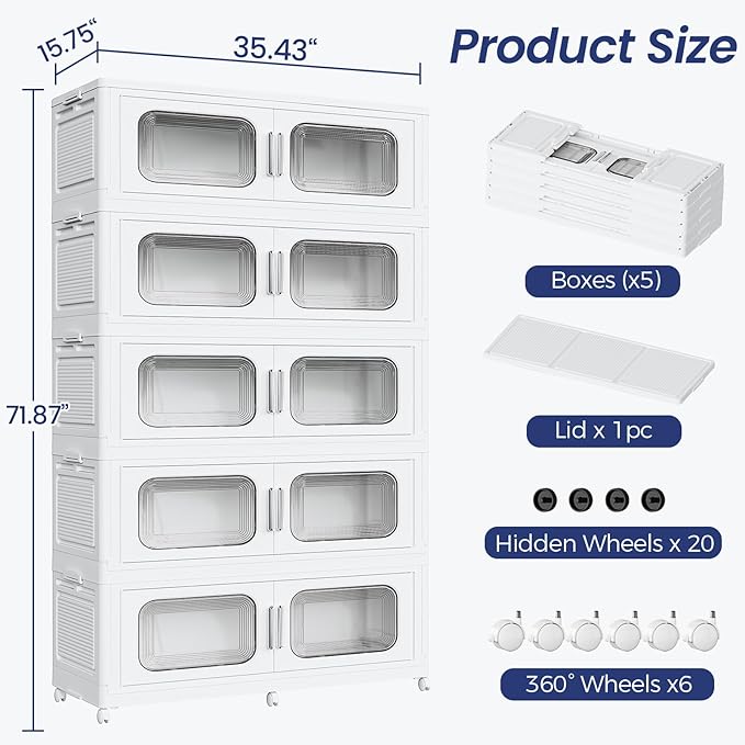 250 Gallon Extra Large Storage Bin with Lid and Wheels, Stackable Collapsible Plastic Storage Box with Door, Foldable Organizer for Closet, Kitchen, Office, Living Room, 5 Pack White