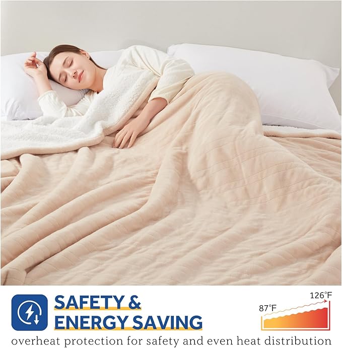 SEALY Electric Blanket Queen Size, Flannel & Sherpa Heated Blanket with 10 Heat Setting & 1-12 Hour Auto Shut Off, Fast Heating Blanket, Machine Washable, Beige, 84 x 90 Inch