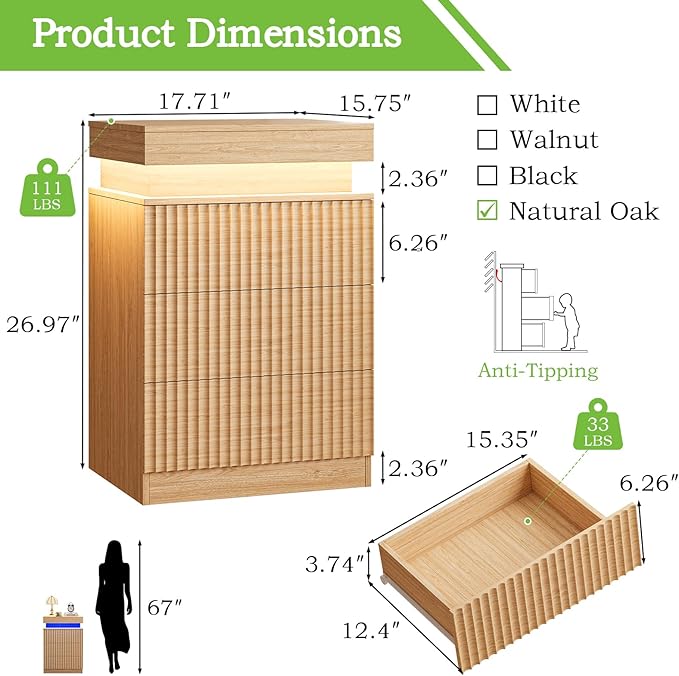 Nightstands Set of 2 with Charging Station & LED Lights, Modern Small Fluted Bedside & End Tables with 3 Drawers, Sliding Top & Hidden Storage, Wooden Farmhouse Night Stand for Bedroom, Natural Oak