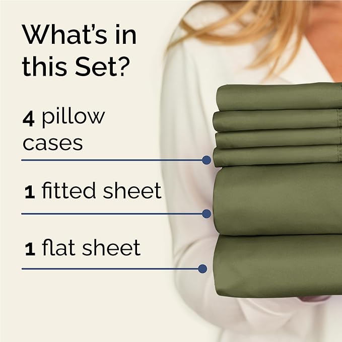 Full 6 Piece Sheet Set - Cooling, Comfy & Breathable - Hotel Luxury Bedding, Includes Fitted Sheet for Women, Men, Kids & Teens - 1 Flat, 1 Fitted Sheet, 4 Pillowcases with Deep Pockets - Sage Green
