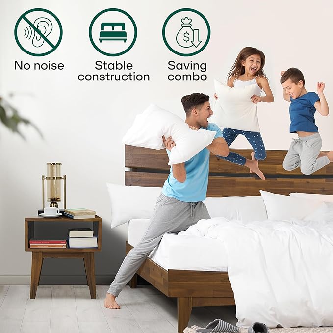 Acacia Aurora King Solid Wood Bed Frame with Headboard – Gift Matching Nightstand Included, Mid-Century Modern Farmhouse, Walnut Finish, 800 lbs Capacity, Sturdy, No Box Spring, Easy Assembly