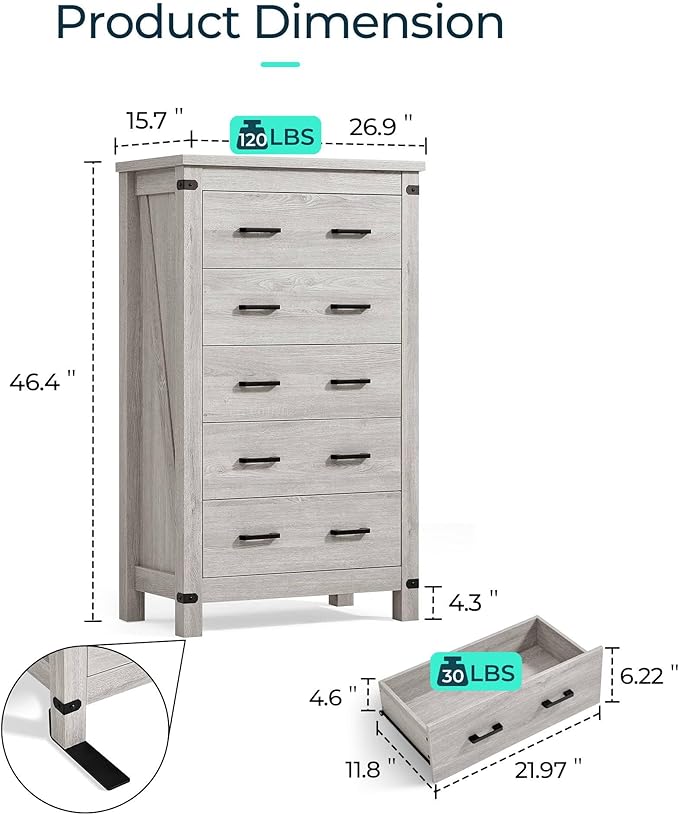 LINSY HOME Farmhouse 5 Drawer Dresser for Bedroom, 46” Tall Rustic Wood Chest with Deep Drawers, Modern Dressers with Spacious Storage and Metal Handles for Closet, Living Room, Hallway, Wash Grey