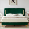 Queen Platform Bed Frame, Velvet Upholstered Bedframe with Vertical Channel Adjustable Headboard, Golden Plating Trim, Mattress Foundation with Wooden Slats, No Box Spring Needed, Green