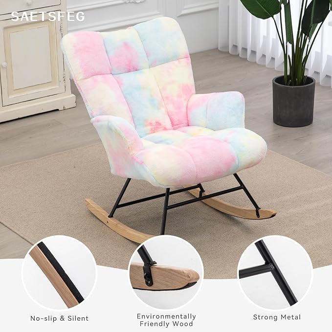 Rocking Chair Nursery Teddy Upholstered Glider Rocker Rocking Accent Chair Padded Seat with High Backrest Armchair Comfy Side Chair for Living Room Bedroom Offices (Colorful Teddy)