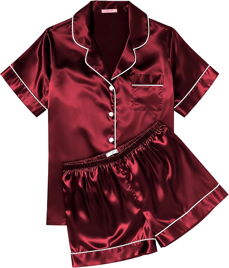 Ekouaer Womens Silk Satin Pajama Sets Soft Short Sleeve Button Down Sleepwear Top and Shorts 2 Piece Pjs Lounge Set