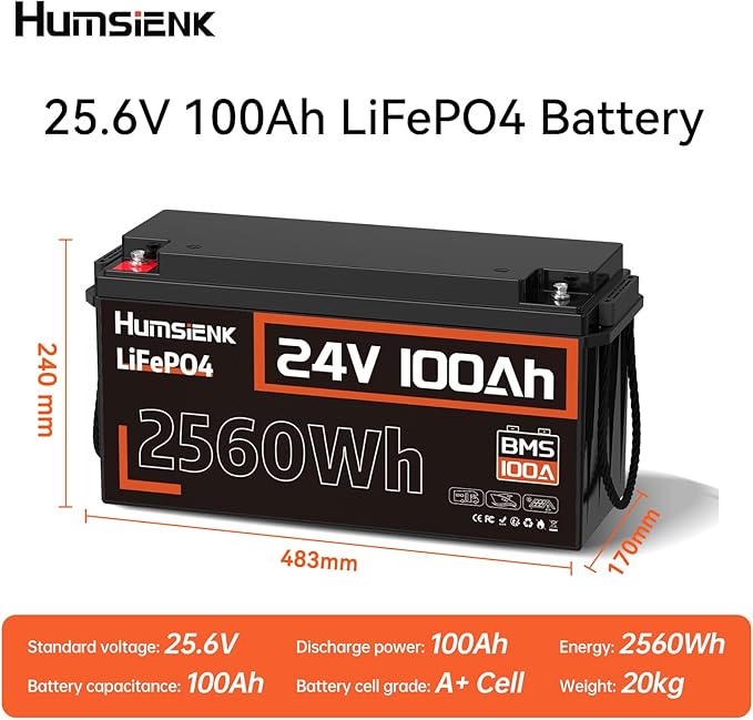 24V 100Ah LiFePO4 Lithium Battery, Built-in 100A BMS with Low-Temp, 15000+ Deep Cycles 10 Years Lifespan, 2560Wh Lithium Iron Phosphate Battery, for RV Solar Energy Off Grid Trolling Motor