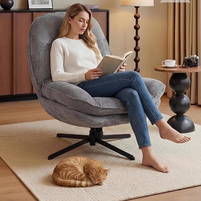 360°Free Swivel Accent Chair Set of 2 for Living Room, Slightly 20°Rocking, 24" High Backrest Upholstered Armchair, Ergonomic Design, Chenille Breathable Soft Fabric Modern Single Sofa, Gray