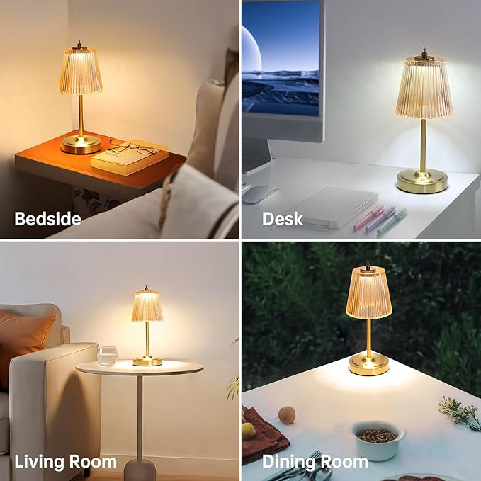 Small Table Lamp with 5200mAh Battery & Touch Control - 3 Adjustable Color Temperatures, Dimmable Rechargeable Table Lamps for Living Room, Bedroom, Bedside (Amber Stripe)