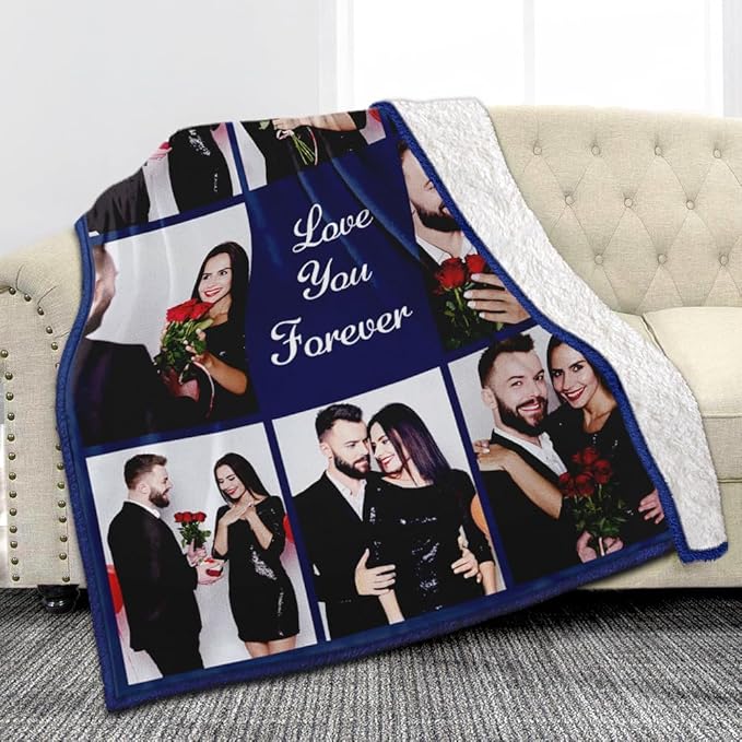 Custom Sherpa Fleece Blanket with Photos & Text - Soft, Warm & Fuzzy Personalized Couples Gifts for Boyfriend & Girlfriend - Customized Picture Blanket for Birthday, Anniversary & Christmas