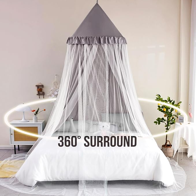 Kertnic 31.5inch Large Dome Bed Canopy for Girls, Double Layer Dreamy Ruffle Princess Canopy, Bedroom Hanging Tent Kids Reading Nook Canopies,Full Queen Bed Canopy Curtain (Gray)