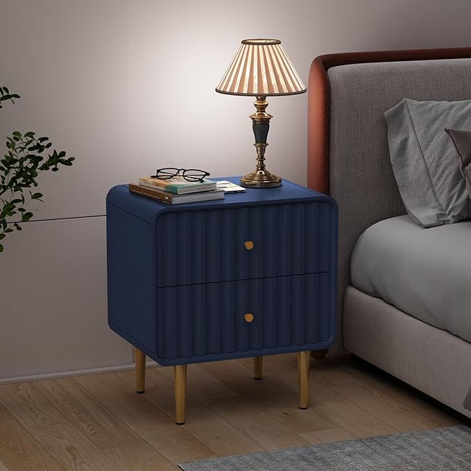 HLR Modern Nightstand Set of 2, Fluted Bed Side Table with 2 Drawers Storage, Wood End Table with Gold Metal Handle, Blue Night Stands for Bedroom