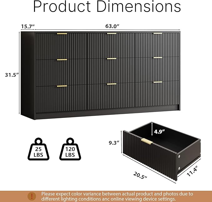 Black 9 Drawer Dresser for Bedroom, 63" Wide Modern Fluted Dresser with Gold Metal Handles, Chest of Drawers for Bedroom, Living Room, Entryway, Hallway