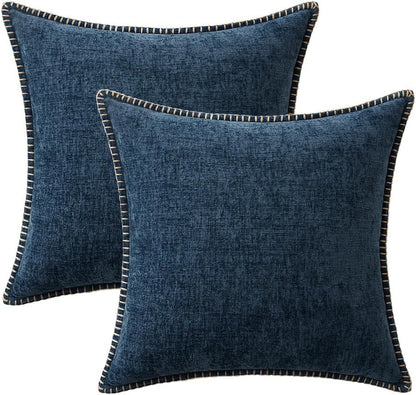 MIULEE Pack of 2 Couch Throw Pillow Covers 20x20 Inch Coastal Navy Blue Farmhouse Decorative Pillow Covers with Stitched Edge Soft Chenille Solid Dyed Spring Pillow Covers for Sofa Bed Living Room