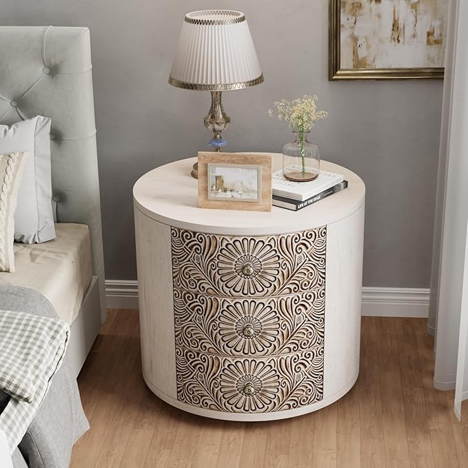 COSIEST Bedside Table Set of 2, Wood Nightstand 3 Drawers, Farmhouse Round End Table with 3 Drawers, Dresser with Drawers for Bedroom, Living Room