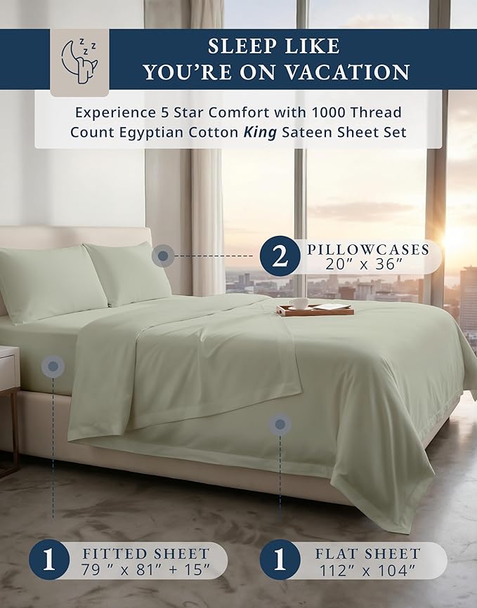 100% Egyptian Cotton King Size Sheets Set – Luxury 1000 Thread Count Buttery Soft & Durable Christmas Sheets King Size, Sateen Winter Sleep Comfort, Snug Fit 15" Deep Pocket, Hotel Comfort - Mineral