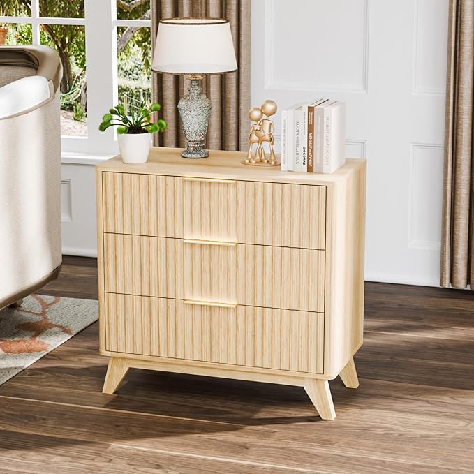 VINGLI Fluted Wood Nightstand 3 Drawer, 31.5" W Mid Century Modern Nightstand Tall, Fluted Bedside Table, End Table, Night Stand for Bedroom, Oak, 31.5" W*15.96" D*29.72" H
