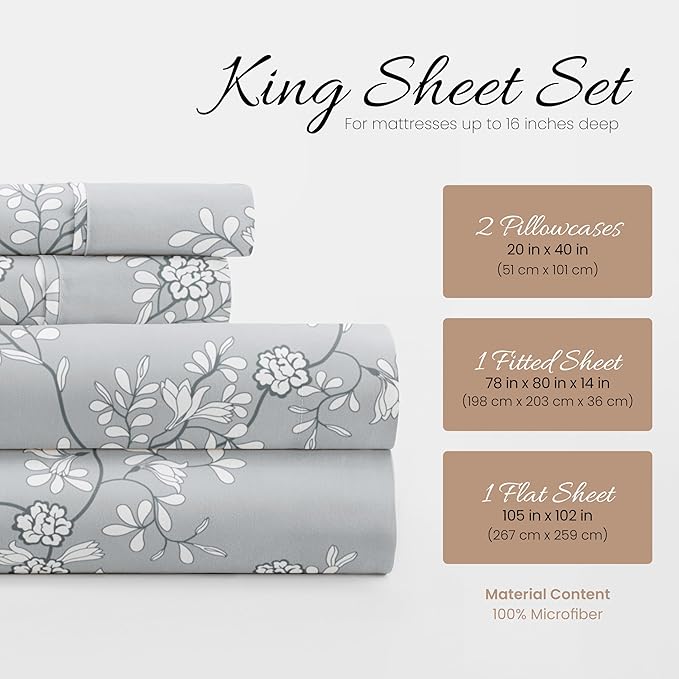 Linen Market Patterned Microfiber King Sheet Set 4 Piece – Oeko-TEX Certified Ultra Soft & Wrinkle-Free - 16" Deep Pocket Sheets - Easy Care King Size - Trellis Vine Light Gray