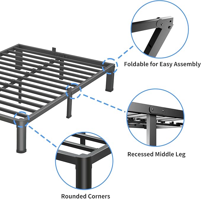 7 Inch Queen Bed Frame, 3500Lbs Heavy Duty Metal Platform with Round Corner Legs Mattress Slide Stopper, Steel Slat Support No Box Spring Needed, Noise Free, Non-Slip, Easy Assembly