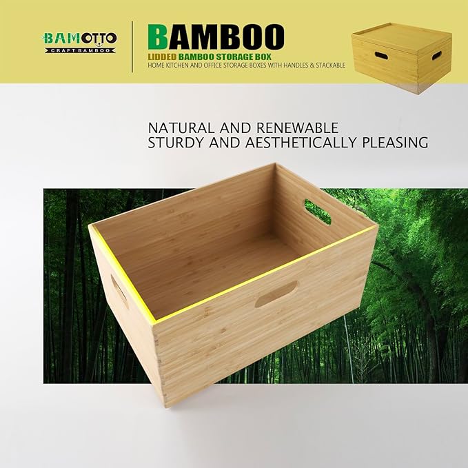 BAMOTTO Lidded Bamboo Storage Bins & Box/Cube/Basket, Home Kitchen and Office Storage Boxes with Handles & Stackable for Organizer Tableware, Clothing, Toys, Office Shelf Books, 14.6”x10.2”x6.5”