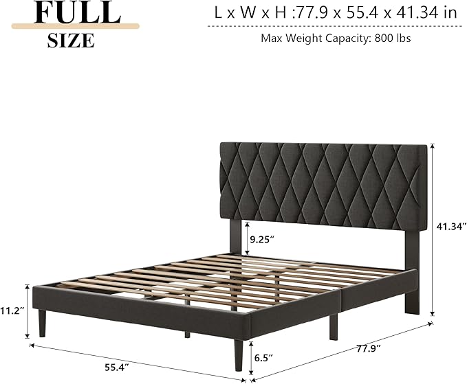 Full Size Bed Frame with Diamond Tufted Headboard, Linen Upholstered Platform Bed and Wooden Slat Support, Noise-Free, No Box Spring Needed, Easy Assembly, Dark Grey