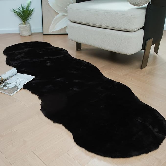 Latepis Black Area Rugs Runners 2x6 Faux Rabbit Fur Fluffy Shag Rug Washable Furry Rug for Living Room Bedroom Nursery Floor Rugs Room Carpet Sheepskin