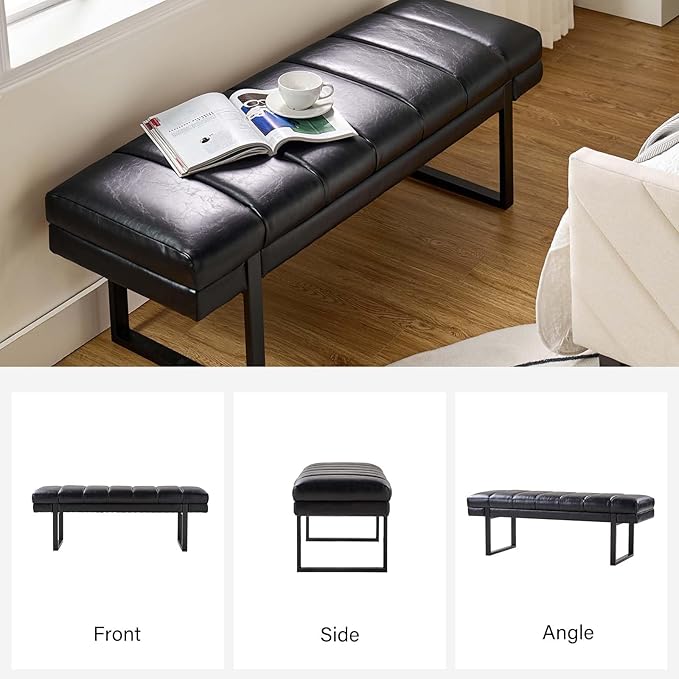 HULALA HOME 53" Faux Leather Entryway Bench, Button Tufted End of Bed Bench Ottoman for Bedroom, Living Room with Metal Base,Black