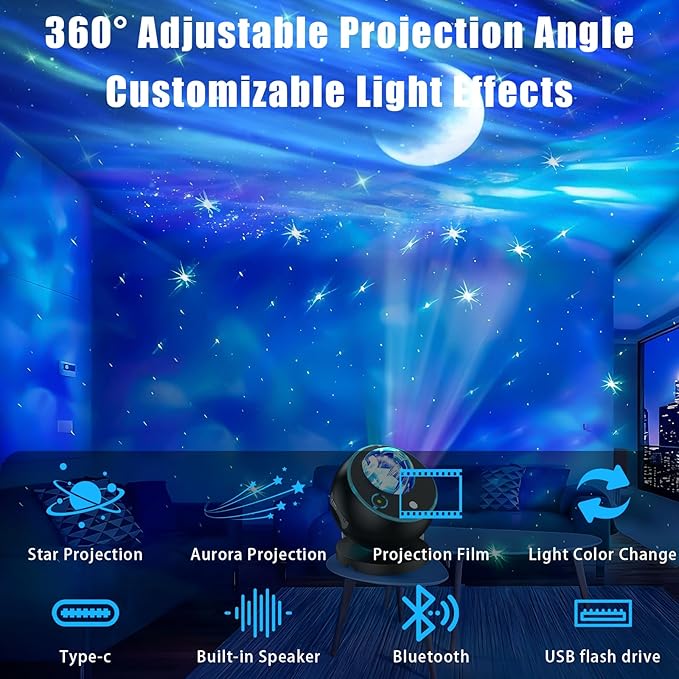 Northern Lights Projector Galaxy Projector for Bedroom, 3 HD Projection Lenses,16-Color Moon Light,USD&Bluetooth Str Projector Galaxy Lights,Star Lights,Ambient Lighting,Lights for Bedroom