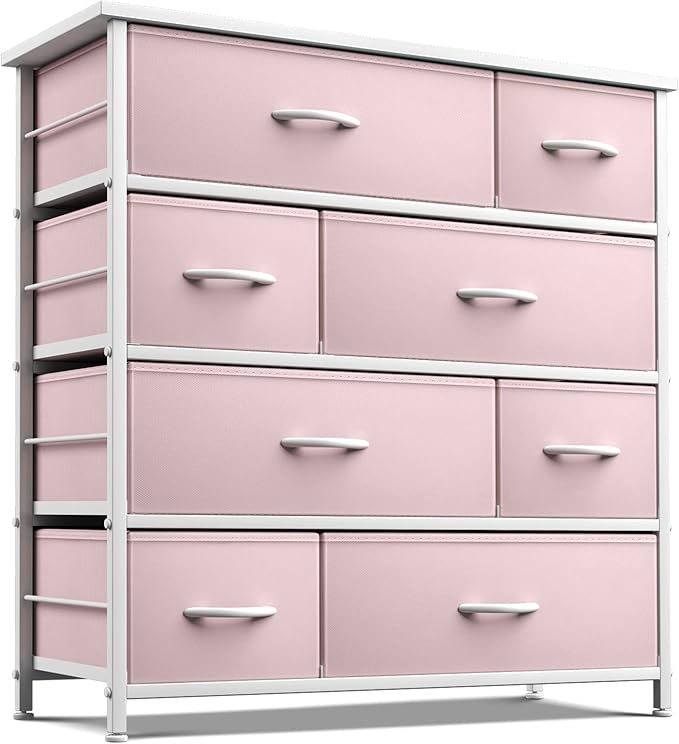 Sorbus Dresser with 8 Drawers - Furniture Storage Chest for Kid’s, Teens, Bedroom, Nursery, Playroom, Clothes, Toys - Steel Frame, Wood Top, Fabric Bins (Pink)