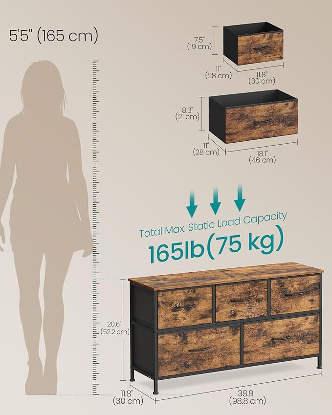 SONGMICS Dresser for Bedroom, Chest of Drawers, Steel, MDF, 5 Non-Woven Fabric Drawers, Storage Organizer Unit, Closet, Entryway, Rustic Brown and Ink Black ULGS322B02S