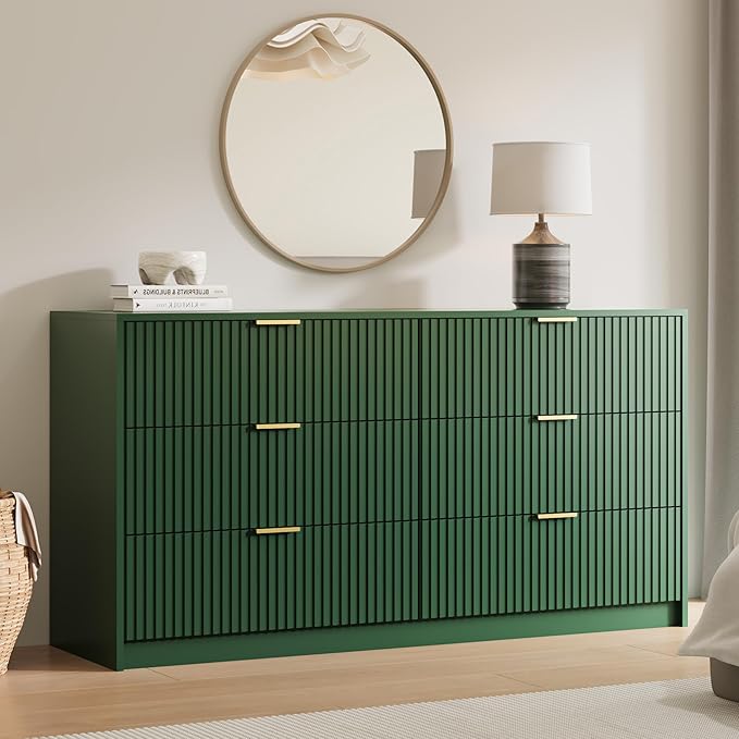 Green 6 Drawer Dresser for Bedroom, 55" Wide Modern Chest of Drawers with Gold Metal Handles, Fluted Wood TV Stand for Living Room, Hallway