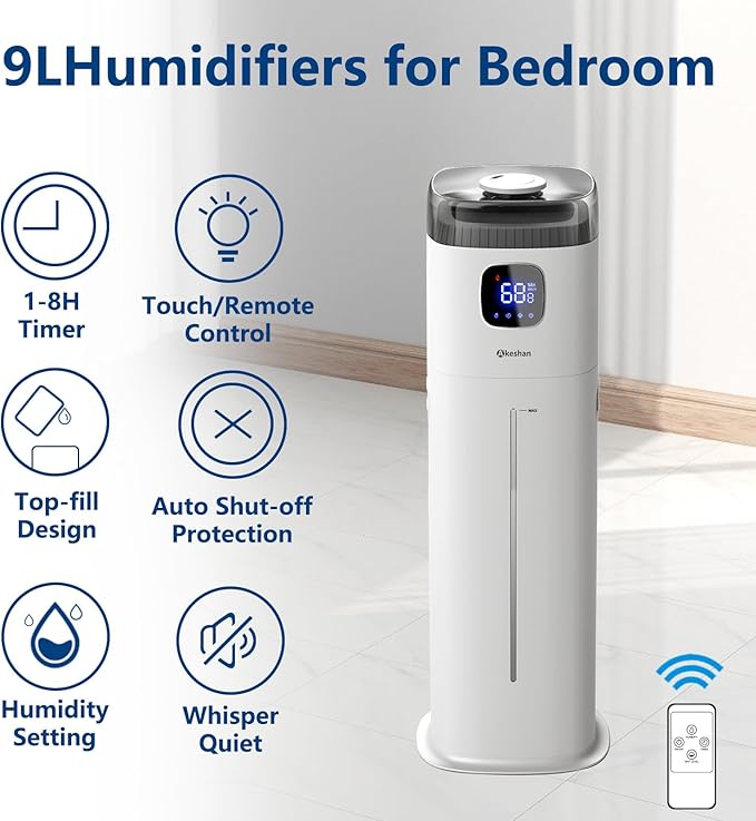 Large Humidifier for Bedroom, 9L/2.5Gal Ultrasonic Cool Mist, Easy Clean with 350ML/H Large Mist Speed, Remote control, Quiet Tower, Suitable for Kids Room Plant Yoga