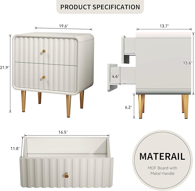 HLR Modern Nightstand, Fluted Bed Side Table with 2 Drawers Storage, Wood End Table with Gold Metal Handle, White Night Stands for Bedroom
